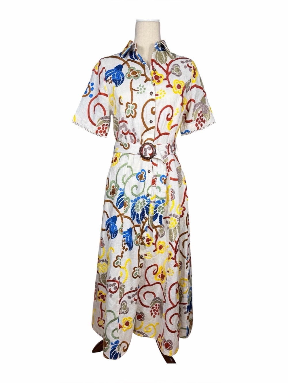 Never A Wallflower Ivory Linen Maxi Dress Multicolored Crewel Embroidery NWOT